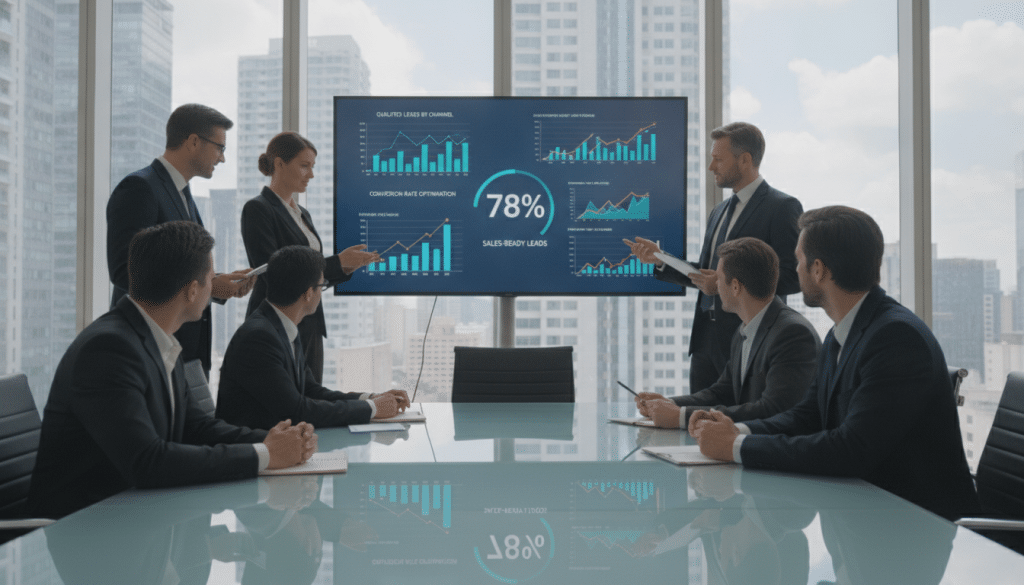 A bright, modern office environment with a large conference table at the forefront, surrounded by diverse professionals in business attire, engaged in a discussion. In the middle ground, a digital display shows analytics and graphs representing qualified leads on a sleek screen. The background features a city skyline visible through large windows, suggesting an urban, vibrant atmosphere. Soft, natural lighting filters through the windows, creating a welcoming and focused mood. Use a wide-angle lens to capture the entire scene, emphasizing collaboration and strategic planning in lead generation. The image should convey professionalism, optimism, and the dynamic nature of qualifying leads before sales outreach.