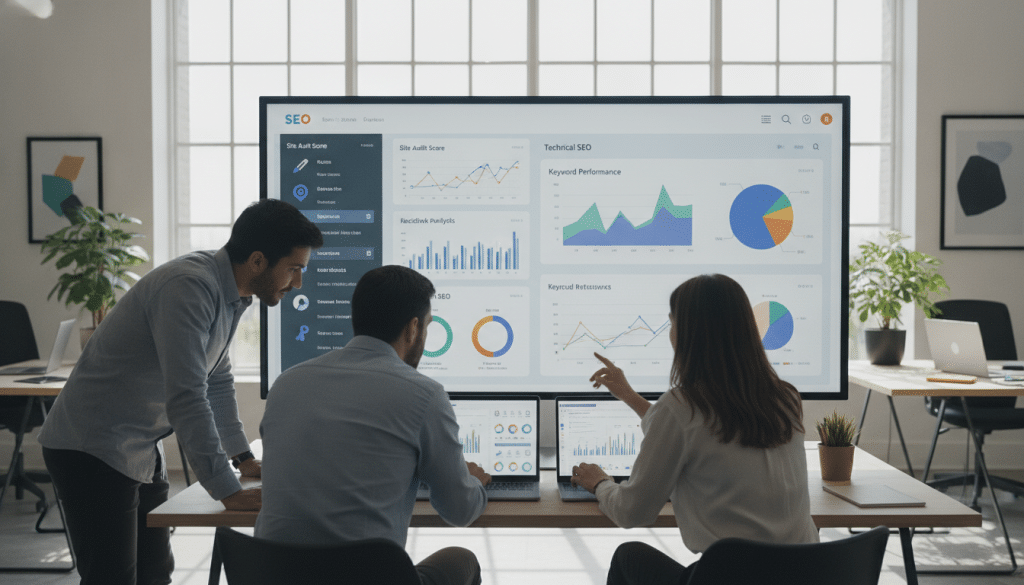 A busy digital workspace focused on SEO audit strategy. In the foreground, a diverse group of three professionals in smart business attire are analyzing data on laptops, with graphs and charts visible on their screens, showcasing performance metrics. The middle layer features a large monitor displaying an intricate SEO dashboard filled with colorful analytics and SEO audit tools. In the background, bright, natural light floods the room through large windows, illuminating a contemporary office space with modern decor and plants. The atmosphere is collaborative and dynamic, reflecting a mood of focus and innovation. The perspective is a wide angle shot to capture the entire workspace, emphasizing teamwork in a high-tech environment.