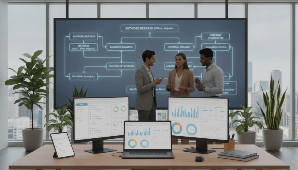 A contemporary office space showcasing an integrated SEO software stack workflow. In the foreground, a sleek, modern desk with a high-performance laptop displaying analytics graphs and SEO metrics. The middle ground features a large digital whiteboard filled with colorful flowcharts, depicting the connections between various SEO tools like keyword research, backlink analysis, and site audits. Office employees in professional business attire enthusiastically discuss strategies, surrounded by potted plants for a touch of greenery. The background features large windows with natural light pouring in, creating a bright and inspiring atmosphere. The angle is slightly elevated, capturing the dynamic interaction within the workspace, emphasizing a sense of collaboration and innovation in building an effective SEO tech stack.