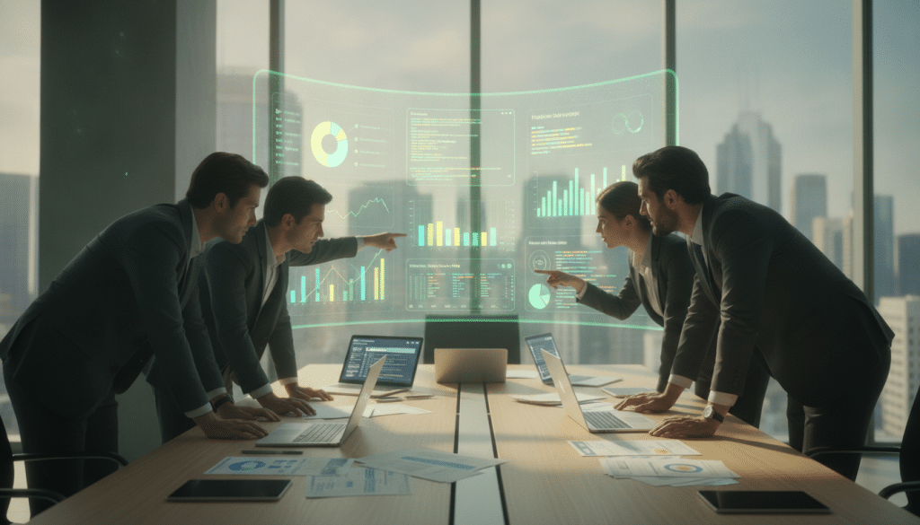 A detailed and dynamic illustration of a website health audit in a modern office environment. In the foreground, a diverse group of four professionals, dressed in smart business attire, analyze colorful graphs and charts displayed on large digital screens. The middle ground features a sleek conference table cluttered with laptops, tablets showing technical SEO metrics, and printouts of website performance reports. In the background, a large window reveals a city skyline bathed in soft, natural light, enhancing a productive atmosphere. The mood is focused and analytical, reflecting a team collaboration vibe, while a subtle green hue subtly symbolizes technical health and data optimization. The image should be bright and inviting, depicting a sense of urgency and professionalism without any text or other distractions.