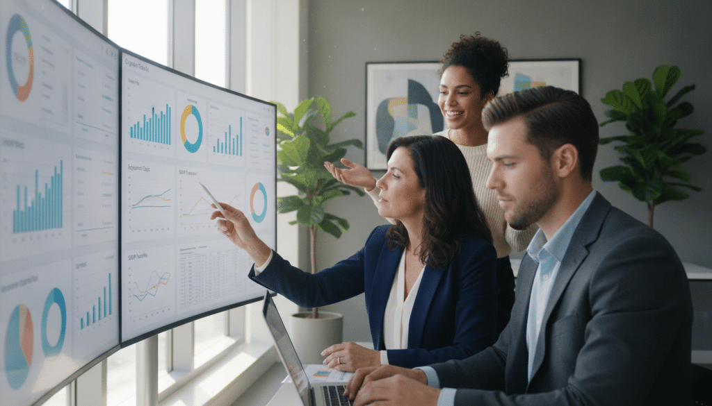 A detailed and visually engaging SEO opportunity analysis scene, showing a diverse group of three professionals engaged in a brainstorming session around a large digital screen displaying colorful data graphs and charts related to SEO metrics. In the foreground, a middle-aged woman in smart business attire points to specific data points, while a younger man, also in professional clothing, takes notes on a laptop. In the background, a modern office setting with abstract art and green plants creates a productive atmosphere. The lighting is bright and inspiring, with natural light streaming in from large windows. The camera angle is slightly elevated, capturing the focused expressions of the team, conveying a mood of collaboration and insight-driven strategy.