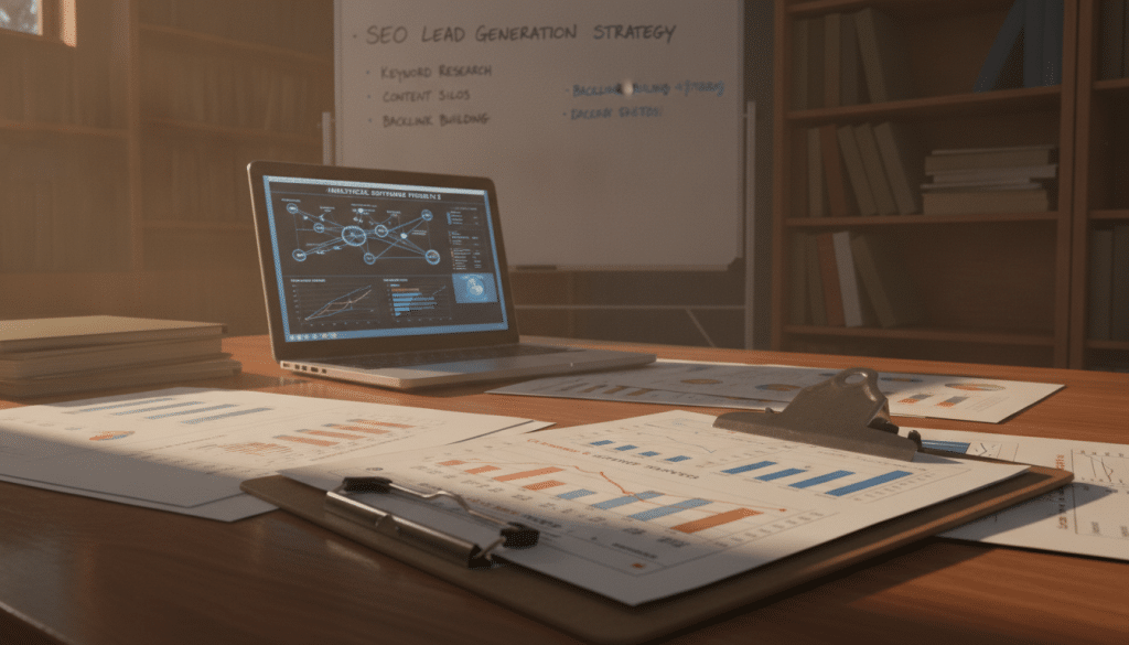 A dimly lit office environment filled with organized documents and charts scattered on a wooden desk, showcasing dated evidence and competitor information. In the foreground, a close-up of a clipboard featuring neatly arranged graphs, highlighting trends and metrics. The middle layer displays a laptop with analytical software open, illuminating the space with a soft blue glow. Background elements include a whiteboard with strategic notes and brainstorming ideas related to SEO lead generation, framed by shelves of industry reports and books. The atmosphere is focused and professional, emphasizing a sense of research and diligence. The lighting is warm, suggesting a late afternoon ambiance, projecting serious engagement in business analysis.