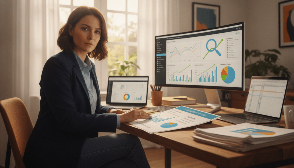 A focused digital marketing professional, dressed in smart casual business attire, sits at a modern desk cluttered with laptops and SEO analysis reports. In the foreground, a detailed SEO audit report is open, highlighting key metrics and quick-win recommendations in clear graphs and bullet points. The middle ground features a large monitor displaying a dashboard with colorful performance charts and a magnifying glass emphasizing a specific trend. In the background, soft natural light streams through a window, illuminating the workspace and creating a professional yet inviting atmosphere. The overall mood is analytical and proactive, reflecting the importance of focused SEO audits in attracting clients.