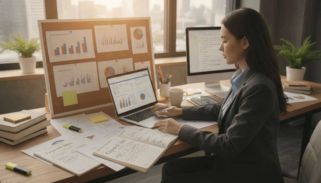 A focused workspace illustrating the concept of manual SEO prospecting research. In the foreground, a professional woman in business attire, thoughtfully analyzing data on her laptop, surrounded by notes and charts. In the middle ground, a cluttered desk with SEO tools like keyword planners, competitor analysis sheets, and a coffee cup. The background features a large window with soft, natural light streaming in, casting a warm glow on the workspace. The atmosphere is one of concentration and productivity, highlighted by a few potted plants for a touch of greenery. Capture the image from a slight angle to give depth, using warm lighting to evoke a sense of dedication and professionalism in the realm of digital marketing.