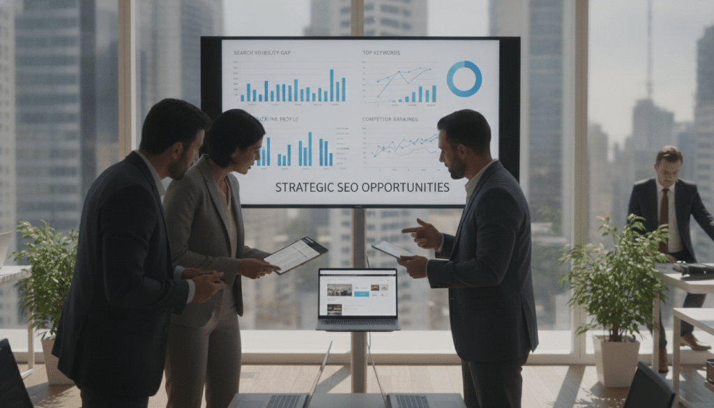 A modern office environment depicting a professional business meeting focused on competitor analysis. Foreground features a diverse group of three business professionals in smart business attire, intensely discussing data on laptops and digital tablets. In the middle, a large, interactive screen displays colorful graphs and charts illustrating search visibility gaps, SEO metrics, and competitor analysis results. The background reveals a bright, airy office with glass walls, bringing in natural light, which creates a vibrant atmosphere. Use a shallow depth of field to focus on the professionals and the screen while softly blurring the background. The mood is collaborative and analytical, emphasizing a strategic approach to identifying SEO opportunities.