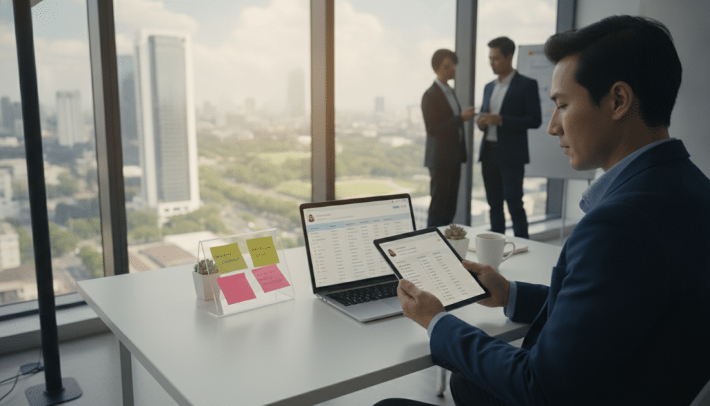 A modern office environment depicting a professional individual engaged in CRM follow-up and client handoff. In the foreground, a businessperson in smart attire, reviewing a digital tablet with a thoughtful expression. In the middle-ground, a sleek desk with a laptop displaying CRM software interface, sticky notes, and a cup of coffee, emphasizing productivity. The background features a large window with soft, natural light streaming in, illuminating a lively cityscape to convey a sense of growth and opportunity. The overall mood is focused and collaborative, capturing the essence of effective client management and follow-up strategies within a vibrant, modern workspace. The perspective should be slightly elevated, creating a dynamic and engaging scene.