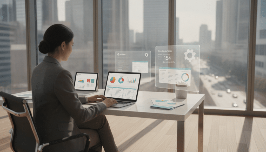 A modern office environment showcasing HubSpot's lead capture and CRM management system. In the foreground, a professional woman in business attire interacts with a sleek laptop, analyzing colorful graphs and lead data on the screen. The middle ground features a stylish desk with CRM tools, brochures, and a plant for a touch of nature, while digital interfaces hover nearby, displaying lead generation metrics. The background includes a large window with natural daylight streaming in, casting soft shadows, and providing a view of a bustling cityscape. The atmosphere conveys productivity, innovation, and organization, with a clean and polished aesthetic. The lighting is bright and inviting, emphasizing a sense of focus and professionalism.