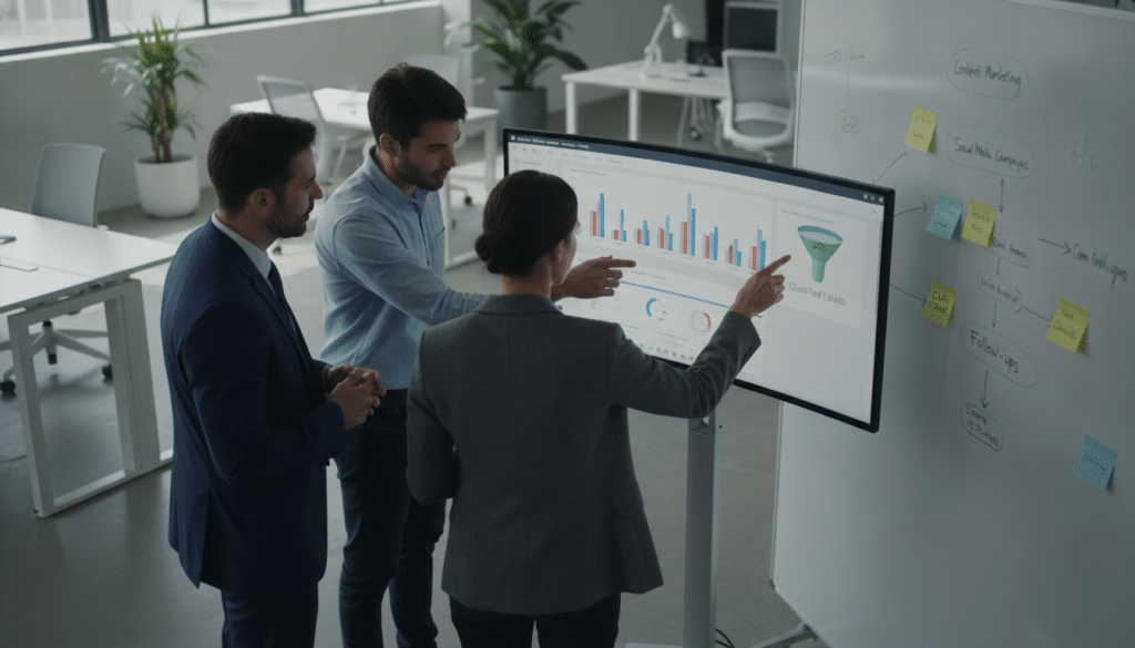 A modern office environment showcasing a built-in CRM lead management system in action. In the foreground, a diverse group of three professionals—two in business attire and one in smart casual—collaborating around a sleek, high-tech computer display showing colorful graphs and data analytics related to lead management. In the middle ground, a whiteboard filled with lead generation strategies and sticky notes, emphasizing teamwork and organization. The background features large windows with natural sunlight streaming in, casting soft shadows, and a contemporary office layout with plants and minimalist furniture. The atmosphere is vibrant yet focused, illustrating the efficiency and professionalism of managing qualified businesses effectively. Use a slightly elevated camera angle to capture the collaborative scene clearly.