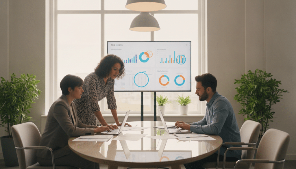 A modern office environment showcasing a professional digital marketing team conducting a SEO audit. In the foreground, a diverse group of three individuals (two women and one man) in business attire, intently analyzing reports on laptops and discussing strategies around a sleek conference table. The middle-ground features a large screen displaying colorful graphs and SEO metrics, with highlighted areas illustrating site performance. The background contains vibrant green plants and large windows allowing natural light to pour in, creating a warm and inviting atmosphere. Soft, diffused lighting enhances the professional yet relaxed mood, emphasizing collaboration and innovation in digital marketing. The scene is shot from a slight angle, providing depth to the workspace.
