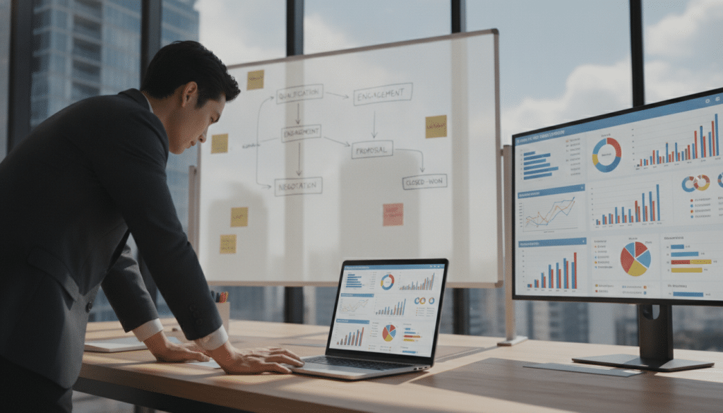 A modern office environment showcasing lead quality measurement and pipeline progress. In the foreground, a professional businessperson in smart attire, focused on analyzing data on a sleek laptop, surrounded by colorful graphs and charts on a digital display. The middle ground features a whiteboard filled with progress markers and flowcharts depicting various stages of the sales pipeline. The background includes large windows with a cityscape view, allowing natural light to illuminate the scene, creating a productive atmosphere. The mood is dynamic and motivational, reflecting progress and clarity in lead management. The camera angle is slightly above eye level, offering a comprehensive view of the workspace.