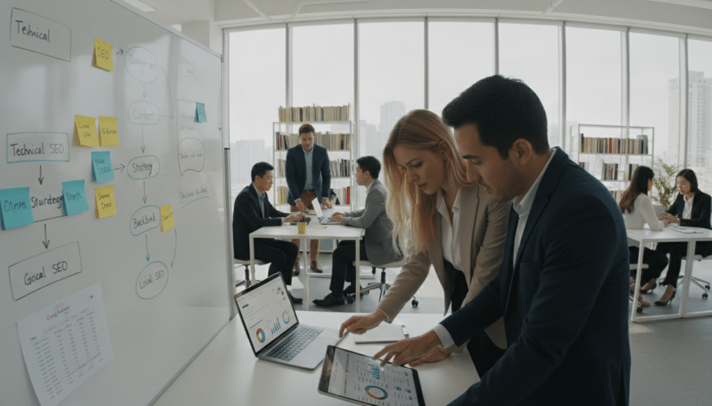 A modern office environment with a diverse team of professionals engaged in a collaborative SEO audit and opportunity analysis process. In the foreground, two individuals, one male and one female, wearing smart business attire, are analyzing charts and graphs on a digital tablet while discussing insights. In the middle ground, a whiteboard filled with colorful sticky notes and diagrams outlines various SEO metrics and strategies, with a laptop displaying analytics software. The background features large windows letting in bright, natural light, and shelves filled with industry books. The overall mood is focused and dynamic, illustrating a blend of analytical rigor and creative brainstorming. Use a wide-angle lens effect to capture the collaborative atmosphere, emphasizing the importance of teamwork in SEO processes.