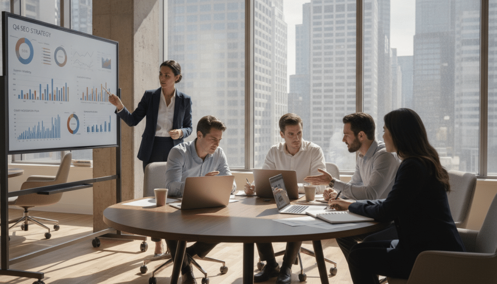 A modern office setting showcasing a professional team engaged in a structured SEO sales process. In the foreground, a diverse group of professionals in business attire, including a woman presenting on a digital whiteboard filled with charts and graphs illustrating SEO strategies. The middle ground features a round table with laptops and notepads, where team members collaborate and discuss client proposals. In the background, a large window reveals a cityscape, with bright, natural light streaming in, creating a vibrant atmosphere. Soft shadows enhance the depth of the room, and the overall composition reflects teamwork, focus, and strategic planning in a high-energy environment.