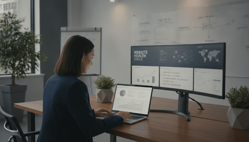 A modern office setting showcasing an SEO audit website health review. In the foreground, a professional woman in business attire is analyzing data on her laptop, displaying charts and graphs pertaining to website performance. In the middle, a large monitor highlights various SEO metrics such as page speed, backlinks, and keyword rankings. The background features a sleek, minimalist workspace with plants, a whiteboard filled with notes, and soft ambient lighting that creates a focused, productive atmosphere. The camera angle is slightly elevated, emphasizing the technological and analytical aspects of the scene. The mood conveys diligence, professionalism, and a sense of forward-thinking strategy in digital marketing.