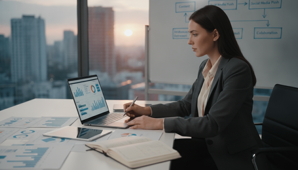 A modern office setting with a confident professional woman sitting at a sleek, minimalist desk, reviewing data on her laptop. She is dressed in professional business attire and surrounded by digital marketing materials, including charts, graphs, and SEO research documents scattered around her workspace. The foreground features a close-up of her focused expression as she takes notes, conveying determination and strategic thinking. In the middle of the composition, a wall-mounted whiteboard displays a flowchart of a personalized outreach plan. The background includes a soft-focus window showing a bustling city skyline during sunset, casting a warm, golden light that creates an inspiring atmosphere of productivity and success. The overall mood is one of professionalism, ambition, and creativity.