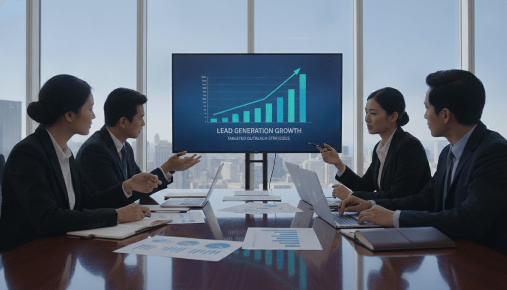 A modern office setting with a sleek conference table in the foreground, where a diverse group of professionals in business attire are engaged in a strategy discussion. On the table, there are laptops, analytics reports, and notepads with notes. In the middle ground, a large screen displays a graph illustrating growth in lead generation through targeted outreach strategies. The background features glass walls with a city view, showcasing a clear blue sky. The lighting is bright and natural, suggesting a productive atmosphere. The composition should convey teamwork and innovation, with a focus on evidence-based approaches to agency outreach, emphasizing clarity and professionalism.