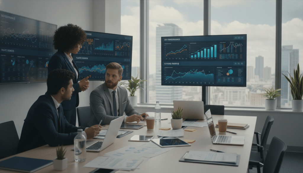 A modern office space filled with digital SEO analytics on large screens, showcasing graphs and data charts. In the foreground, a diverse group of three professionals—one woman and two men—are intensely discussing strategies, dressed in business attire. The middle layer features a sleek conference table scattered with laptops, tablets, and documents, symbolizing collaboration. In the background, a large window bathes the room in soft, natural light, with a city skyline view visible outside. The atmosphere is focused and innovative, capturing the essence of agency prospecting for SEO opportunities. The scene is shot with a slight angle to create depth, highlighting the interaction among the team, while maintaining a clean and organized environment.