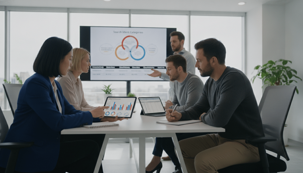 A modern office space showcasing a diverse team of professionals engaged in a lively discussion about search intent competitor analysis. In the foreground, a woman in business attire points at a digital tablet displaying charts and graphs related to SEO performance, while a man in smart casual wear takes notes. The middle ground features a large screen with visualizations of search trends and competitor data. In the background, a bright, minimalistic office with large windows allows natural light to flood the room, creating an energetic atmosphere. The overall mood is focused and collaborative, evoking a sense of opportunity and strategic thinking. Use soft lighting to enhance the professional setting, and capture the image from a slightly elevated angle to encompass the teamwork and focus on the analysis.