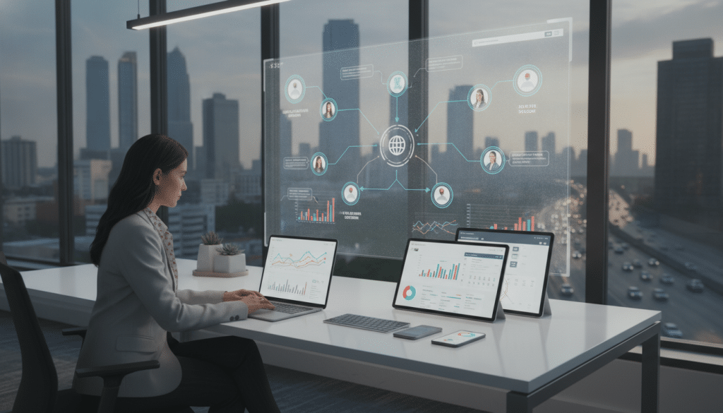 A modern office workspace designed for agency sales teams, showcasing high-tech outreach and enrichment tools. In the foreground, a professional business woman in smart attire, analyzing data on a laptop with colorful graphs displayed on the screen. Nearby, there are digital tablets and smartphones, all displaying dynamic analytics and contact management software. The middle ground features a large interactive digital display board filled with charts, diagrams, and potential client contacts, illustrating the enrichment process. In the background, a sleek glass window offers a view of a bustling city skyline, enhancing the atmosphere of productivity and innovation. Soft, bright lighting brings a sense of clarity and focus to the workspace, creating an ambience that is motivating and inspiring for sales teams.