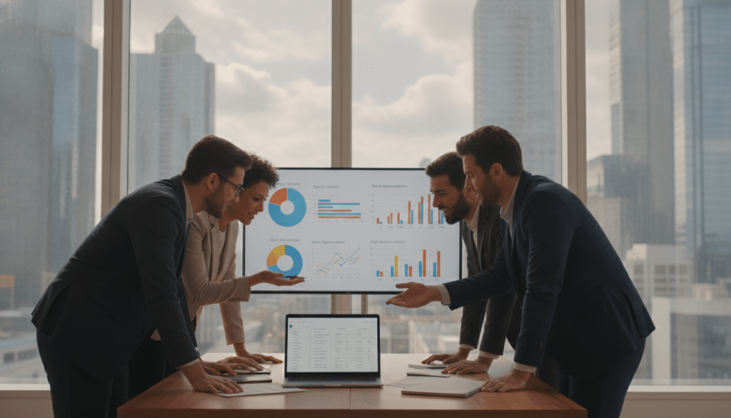 A modern office workspace focused on lead generation, featuring a sleek wooden desk with a laptop open, displaying analytics and keywords related to SEO. In the foreground, a diverse group of professionals in business attire actively collaborating, pointing at data on the screen. In the middle ground, an array of colorful charts and graphs on a wall-mounted screen, showing search contexts and various service opportunities. The background includes large windows with natural light streaming in, highlighting a city skyline. The atmosphere is vibrant and energetic, conveying a sense of innovation and teamwork. Soft, diffused lighting enhances the professional mood, creating an engaging environment conducive to brainstorming and strategy development.