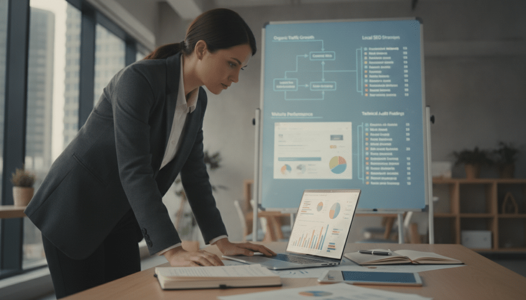 A modern office workspace showcasing a detailed SEO opportunity analysis. In the foreground, a professional woman, dressed in business attire, is intensely analyzing a series of colorful graphs and charts displayed on a sleek laptop. In the middle ground, a large digital whiteboard filled with flowcharts and data insights highlights keyword opportunities and website performance metrics. The background features a contemporary office with large windows allowing soft, natural light to pour in, creating a bright and open atmosphere. The scene is captured from a low angle to convey depth and focus on the analysis. The overall mood should be one of professionalism and strategic insight, emphasizing the importance of thorough SEO evaluation for agencies.