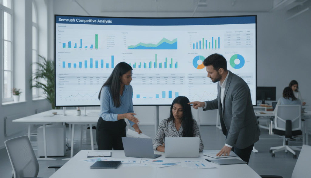 A modern office workspace showcasing a vibrant digital display screen filled with Semrush keyword research data and competitive analysis charts. In the foreground, a diverse group of three professionals, dressed in smart business attire, intensely collaborates over documents and laptops, brainstorming strategies. The middle scene features a large monitor revealing colorful graphs, keyword metrics, and competitor insights, illuminated by soft, focused lighting to enhance clarity. The background is an organized office with plants and minimalistic decor, conveying a sense of innovation and productivity. The overall mood is dynamic and focused, emphasizing teamwork and insightful analysis in a high-tech environment.