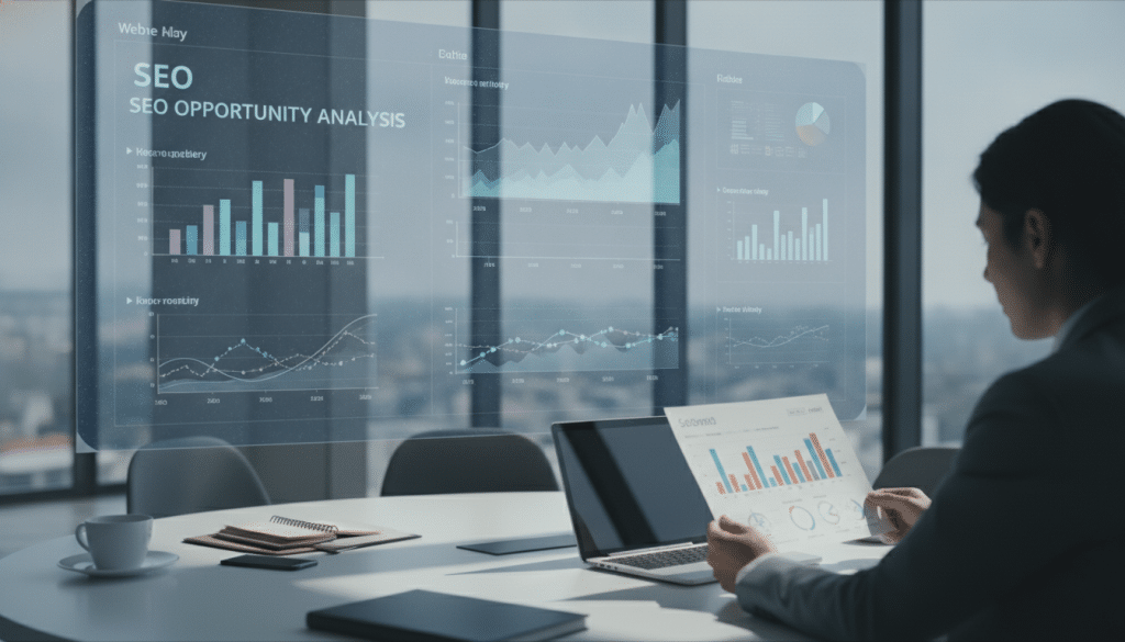 A modern, sleek office workspace with a large digital screen displaying dynamic graphs and data analytics related to SEO opportunity analysis. In the foreground, a professional in business attire is reviewing a colorful infographic highlighting website search visibility metrics and keyword performance. The middle ground features a round table scattered with notebooks, laptops, and coffee cups, creating a collaborative ambiance. In the background, large windows reveal a bustling cityscape, symbolizing the competitive online market. Bright, natural lighting floods the room, casting soft shadows and enhancing the focus on the analytical visuals. The mood is energetic and focused, conveying a sense of strategic planning and digital growth.