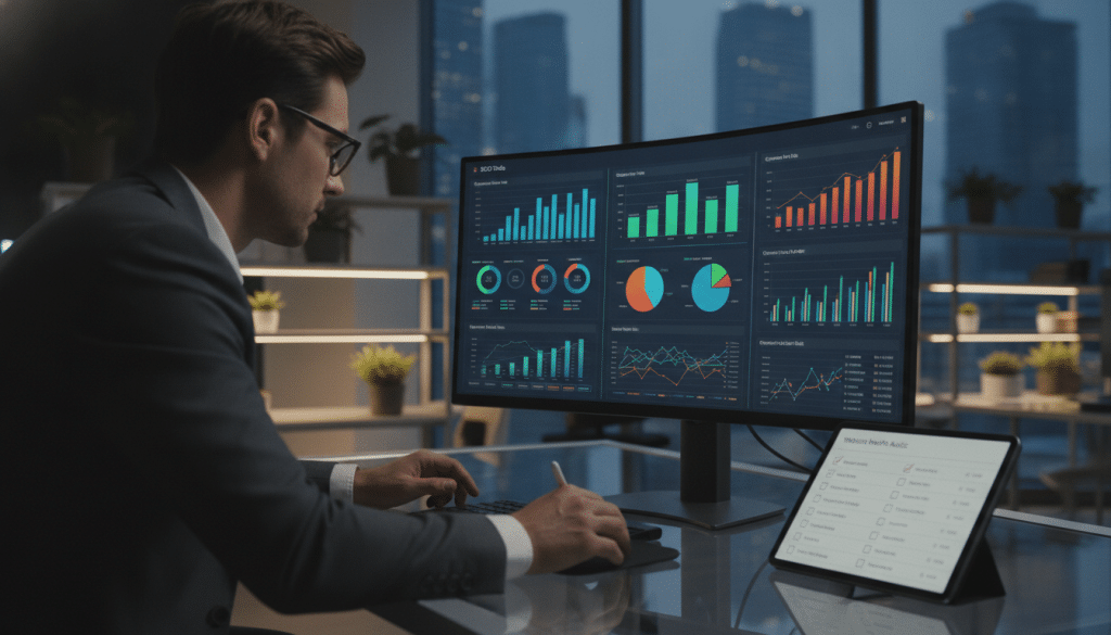 A modern workspace featuring an array of technical SEO tools displayed on a sleek computer screen, showcasing colorful graphs, charts, and website performance metrics. In the foreground, a professional-looking individual wearing business attire is analyzing these metrics intently. The middle ground displays a digital tablet with a website health checklist and SEO keyword statistics. Background elements include a well-organized office environment with greenery, ambient lighting enhancing the tech-savvy atmosphere, and a large window with a city skyline visible outside. Use a focus effect to highlight the computer screen while maintaining a soft blur on the background. The overall mood is vibrant and professional, conveying a sense of efficiency and high-tech expertise in SEO execution and website health management.