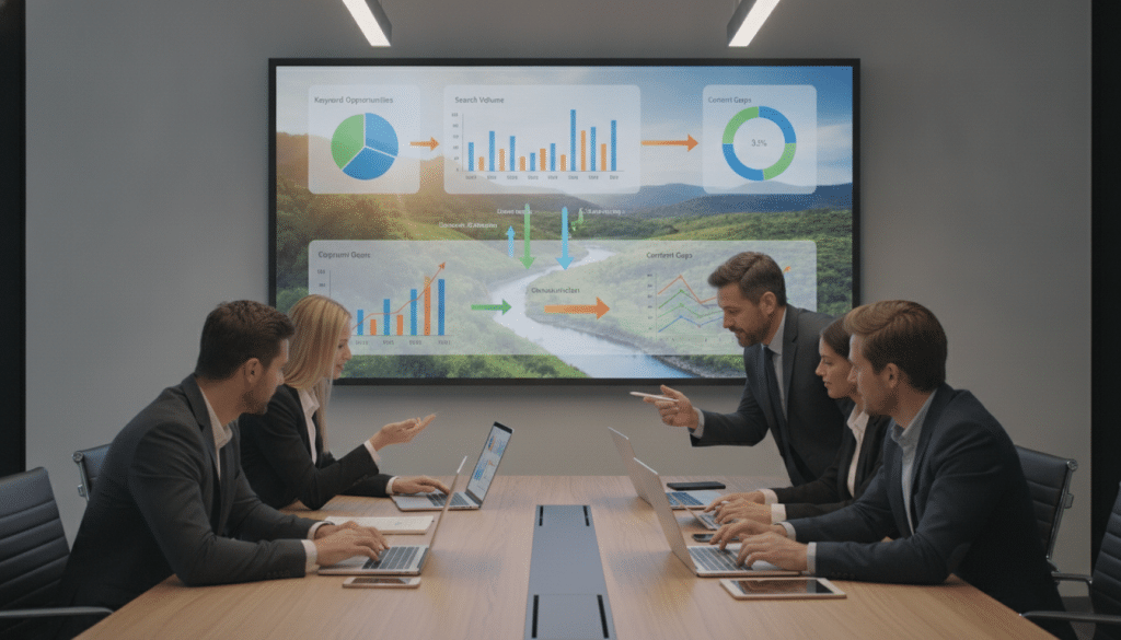 A modern workspace with a sleek, minimalist design, featuring a large digital screen displaying colorful graphs and charts illustrating keyword gap analysis and search data. In the foreground, a diverse group of professionals in business attire huddles around a table filled with laptops and digital devices, analyzing data together. The middle ground highlights the digital screen with vibrant visualizations of keyword metrics and arrows indicating opportunities, with stock photos of nature subtly framing the background to evoke a sense of growth. Soft, diffused lighting illuminates the scene, creating an atmosphere of collaboration and innovation, captured from a slightly elevated angle to emphasize the bustling activity in the foreground.