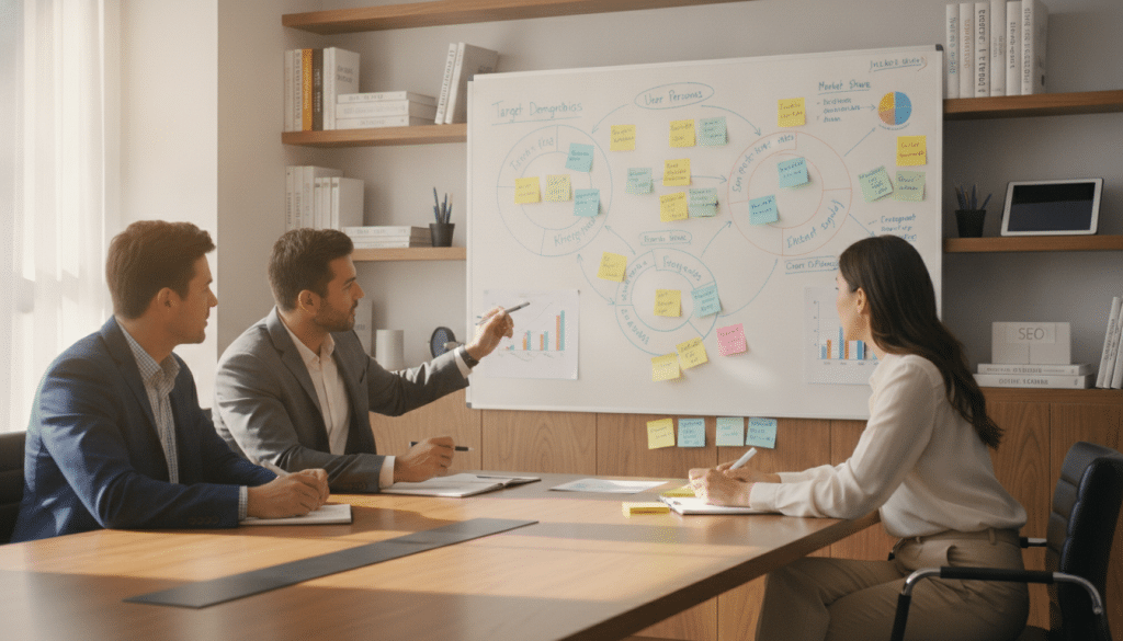 A professional SEO agency office scene focused on defining target audience strategies. In the foreground, a diverse group of three professionals—two men and one woman—are seated around a modern conference table, engaged in a collaborative discussion. They are dressed in professional business attire. The middle layer showcases a large whiteboard filled with colorful sticky notes and charts that illustrate different target audience segments. In the background, shelves filled with SEO books and digital marketing tools create an organized and inspiring workspace. Soft, natural lighting filters in through large windows, giving the room a warm and productive atmosphere. The composition is slightly angled to emphasize teamwork and strategy, with a focus on the collaborative process of defining the target audience and agency offerings.