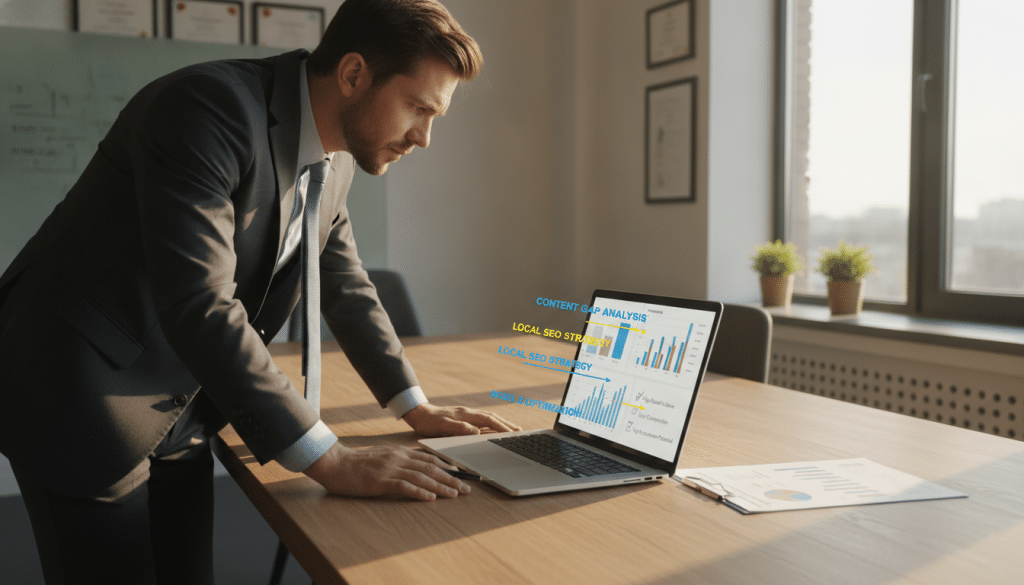 A professional business consultant examining a chart with clear SEO metrics, foreground depicting a focused individual in a tailored suit, analyzing graphs on a laptop. In the middle, a laptop screen displays colorful SEO charts and keywords highlighted, interspersed with checklists for opportunity criteria. The background features a modern office environment, with a large window letting in soft natural light, casting gentle shadows on the desk. The atmosphere is one of concentration and strategic planning, emphasizing clarity and insight. The lens captures a slightly elevated angle, allowing a comprehensive view of both the consultant and the screen, in a warm, inviting color palette. The mood reflects professionalism and innovative thinking.