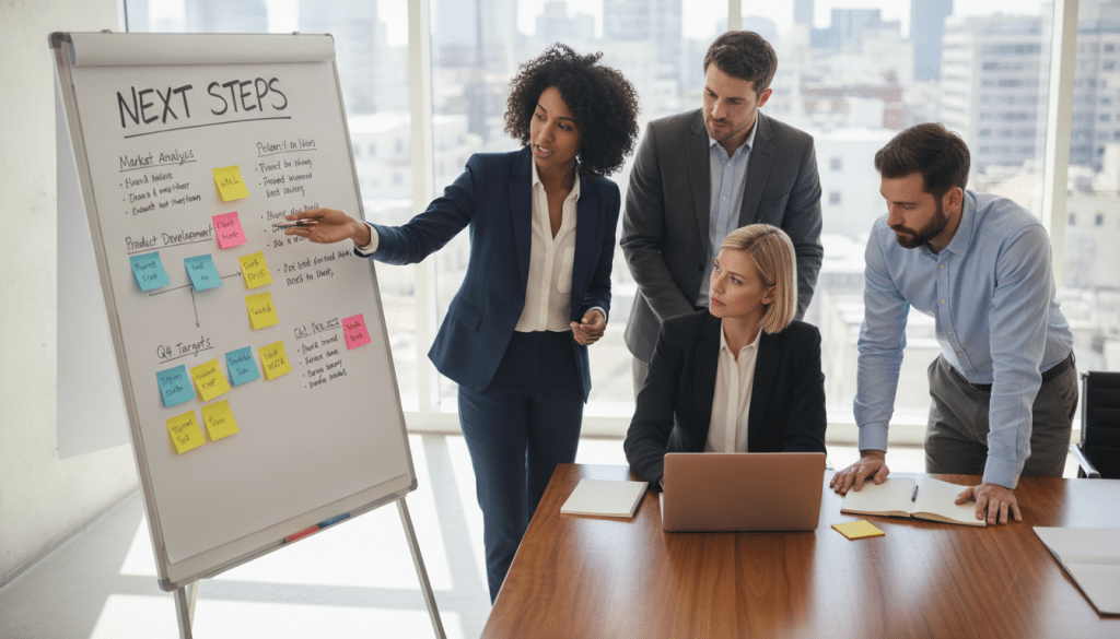 A professional business meeting scene depicting a diverse group of four business professionals engaged in a strategic planning session. In the foreground, a whiteboard is covered with colorful sticky notes and diagrams outlining "Next Steps" in large letters. The middle layer features the professionals—two women and two men—dressed in smart business attire, intently discussing the details. One is pointing at the board, while another takes notes on a laptop. The background showcases an office environment with large windows letting in natural light, giving a bright and optimistic atmosphere. The camera angle is slightly above eye level, providing a comprehensive view of both the participants and the planning tools. The overall mood is collaborative and focused, emphasizing clarity and action-oriented planning.