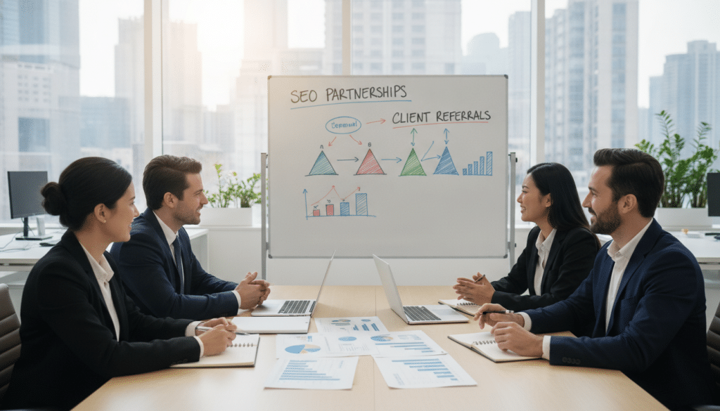 A professional business meeting scene focused on generating SEO client referrals and strategic partnerships. In the foreground, a diverse group of business professionals in smart attire are engaged in a lively discussion around a large table stacked with laptops, notepads, and SEO analytics reports. In the middle ground, a whiteboard displays charts and graphs illustrating growth and referral networks. The background showcases a modern office environment with large windows allowing natural light to flood the space, creating a warm and collaborative atmosphere. The lighting is bright and inviting, emphasizing a sense of teamwork and innovation, with a slight focus on the faces of the professionals to convey enthusiasm and engagement.