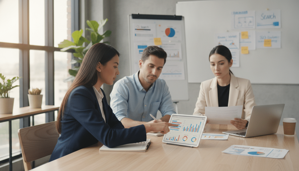 A professional business meeting scene set in a modern office environment, showcasing a diverse group of three individuals engaged in an SEO business value analysis. In the foreground, a woman in a tailored blazer points at a digital tablet displaying colorful graphs and metrics. In the middle, a man in a smart-casual shirt takes notes on a notepad, while a second woman, dressed in business attire, reviews a document with a thoughtful expression. The background shows a sleek conference table with a laptop and SEO-related charts pinned on a wall. Soft, natural lighting filters through tall windows, creating a productive and focused atmosphere, while a hint of greenery from potted plants adds a refreshing touch. The overall mood conveys collaboration and strategic thinking.