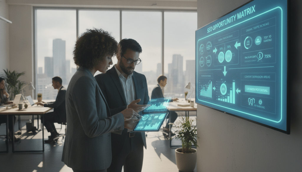 A professional business setting illustrating "SEO opportunity targeting." In the foreground, a diverse group of three professionals, a woman and two men, engaged in an animated discussion over a digital tablet displaying analytical graphs and data. They are dressed in business attire, exhibiting focus and collaboration. In the middle ground, a large screen displays an infographic highlighting key SEO metrics and opportunities. The background features a modern office space with large windows, allowing natural light to stream in, creating a bright and inviting atmosphere. The scene is shot with a wide-angle lens to capture both the group and the workspace, enhancing the sense of teamwork and strategic planning. The overall mood is optimistic and focused, embodying the essence of defining SEO opportunities.