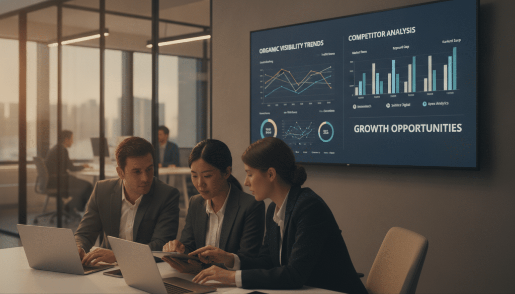 A professional business setting showcasing a digital workspace focused on SEO visibility and competitor analysis. In the foreground, a diverse group of three business professionals, dressed in smart attire, analyze data on laptops and tablets, engaged in discussion. The middle ground features a large digital display with colorful graphs, SEO statistics, and competitor metrics, highlighting visibility trends and market opportunities. The background shows a modern office environment with glass walls and soft ambient lighting, creating a collaborative atmosphere. The composition should evoke a sense of determination and intelligence, with warm, inviting tones to enhance creativity and focus. The scene is captured from a slightly elevated angle to emphasize the activity and interaction among the team.