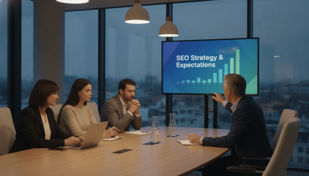 A professional business setting where a diverse group of four individuals is engaged in an SEO discovery call. In the foreground, a middle-aged man in a navy suit is pointing at a digital presentation displayed on a large screen. The middle layer shows a woman in a smart blazer taking notes on a laptop, while another participant, a young woman in business casual wear, is listening intently. The background features a sleek conference room with glass walls and modern decor, illuminated by soft, warm lighting. The atmosphere conveys collaboration and anticipation, emphasizing the importance of setting clear expectations. The angle is slightly elevated, capturing the energy of the discussion without any physical distractions or text.