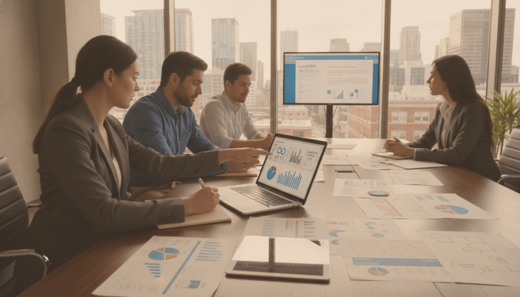 A professional meeting space featuring a diverse group of four business professionals in a modern office setting, discussing local SEO strategies. In the foreground, a confident woman in a tailored suit points at a laptop screen displaying SEO analytics, while a man in a business casual shirt takes notes. In the middle ground, a large table is scattered with SEO-related documents and charts, with a subtle glow from natural lighting filtering in through a large window. The background features a city skyline, symbolizing local businesses. The atmosphere is focused and collaborative, emphasizing professionalism and teamwork, with a slight warm tone suggesting optimism and opportunity.