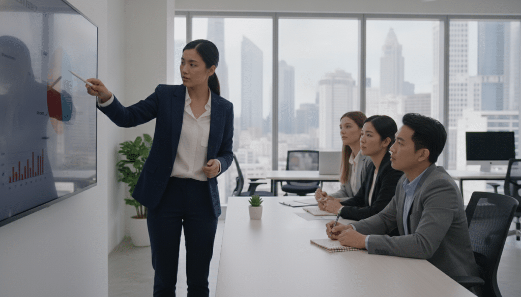 A professional office environment showcasing a group of diverse SEO specialists analyzing graphs and data on a large screen. In the foreground, a female SEO expert dressed in smart business attire points to a pie chart with a noticeable weak performance segment highlighted in red, symbolizing an SEO weakness. In the middle ground, a male colleague is taking notes, looking thoughtfully at the screen. The background features a modern office with large windows, natural light streaming in, and a city skyline visible. The atmosphere is focused and analytical, conveying a sense of urgency and importance in identifying SEO weaknesses for improvement. The lighting is bright and clean, creating a professional yet approachable mood, shot from a slight angle to capture the entire scene effectively.