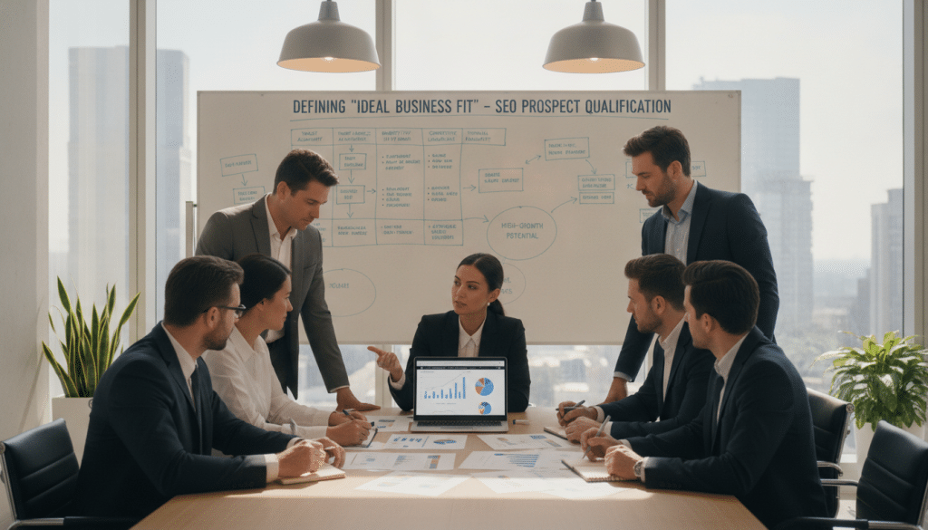 A professional office environment that exudes a sense of collaboration and productivity. In the foreground, a diverse group of business professionals in smart business attire are engaged in a strategic discussion around a conference table covered with charts, graphs, and laptops displaying SEO analytics. The middle ground features a large, whiteboard filled with notes and key performance indicators to illustrate the concept of defining an 'ideal business fit'. In the background, large windows allow natural light to flood the room, creating a bright and inviting atmosphere. The lighting is warm and focused, enhancing the professionalism of the scene. The mood is one of determination and focus, showcasing a setting where actionable insights are shared to effectively qualify SEO prospects.