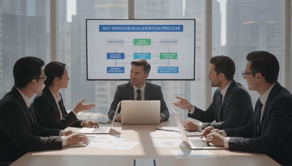 A professional setting illustrating the services qualification process for SEO. In the foreground, a diverse group of business professionals, dressed in formal attire, engage in dynamic discussions around a conference table, with laptops and documents showcasing analytical reports. In the middle, a large screen displays a flowchart detailing steps for SEO qualification, emphasizing clarity and organization. The background features a modern office space with large windows letting in natural light, casting a warm, inviting glow. Soft shadows are created by overhead lighting, highlighting the focused expressions of the participants. The atmosphere is one of collaboration and innovation, capturing the essence of a strategic discussion on SEO services.