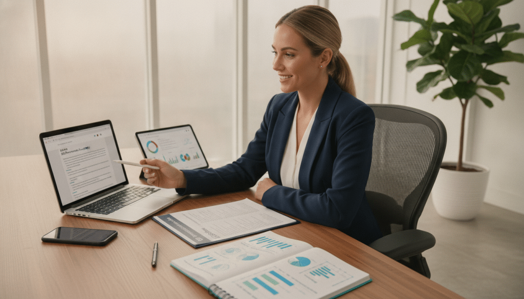 A professional workspace featuring a detailed SEO report on a wooden desk, surrounded by modern digital devices like a laptop, smartphone, and tablet. In the foreground, an open notebook showcases charts and graphs illustrating keyword performance and web traffic metrics. In the middle ground, a cheerful businesswoman in professional attire analyzes the data, her expression focused and engaged. The background displays a sleek office with large windows letting in natural light, casting soft shadows. A plant adds a touch of greenery, enhancing the calm atmosphere. The scene is well-lit with a warm glow, creating a productive and optimistic mood, suitable for an assessment context.