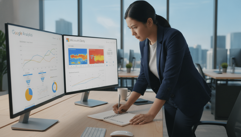 A professional workspace featuring two computer monitors displaying Google Analytics and Microsoft Clarity performance dashboards. In the foreground, a focused business professional in smart casual attire analyzes the data on the screens, taking notes on a notepad. The middle ground shows graphs and charts with vibrant colors, including line graphs, bar charts, and real-time user activity indicators, all clearly visible and well-organized. The background consists of a well-lit modern office with large windows allowing natural light to flood in, creating a bright and optimistic atmosphere. The camera angle is slightly angled from above, providing a comprehensive overview of the analysis in action and fostering a sense of productivity and insight.