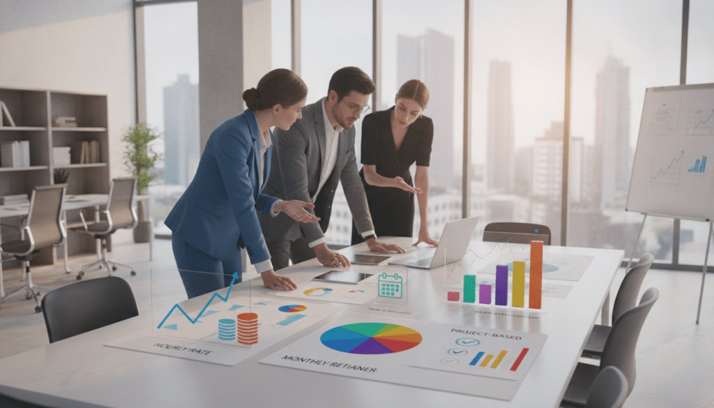 A professional workspace illustrating various SEO services pricing models. In the foreground, display a sleek table with a variety of colorful graphs and charts representing different pricing tiers, such as hourly rates, monthly retainers, and project-based pricing. In the middle ground, depict a diverse group of three business professionals, dressed in formal attire, engaged in a discussion while analyzing the charts. The background features a modern office environment with large windows allowing natural light to flood in, enhancing the ambiance. Soft shadows and a warm light contribute to a collaborative atmosphere. The camera angle is slightly angled downward to capture the interaction, emphasizing both the data and the professionals’ expressions of engagement and focus.