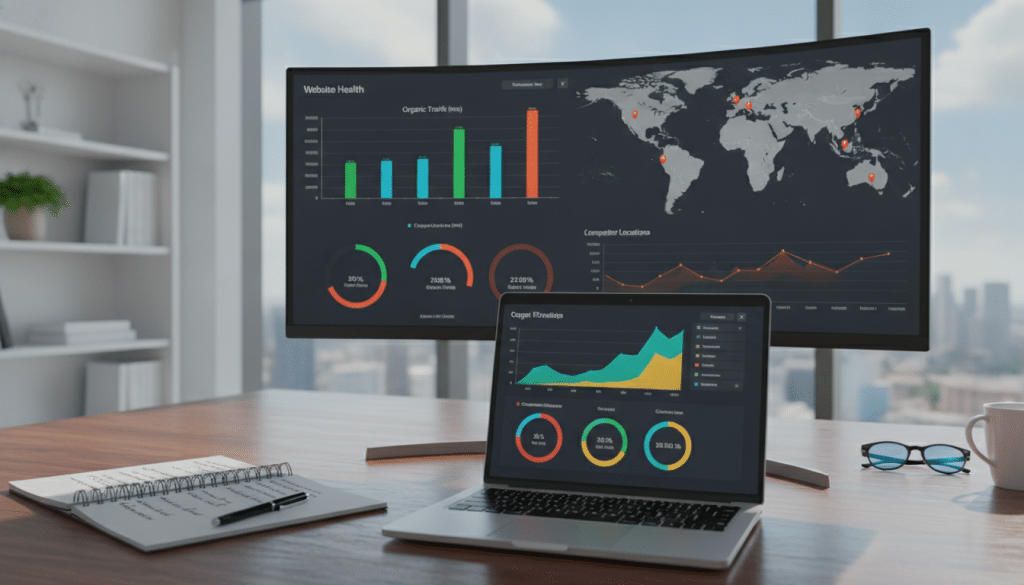 A professional workspace with a sleek desk in the foreground, featuring a modern laptop displaying a vibrant SEO dashboard filled with colorful graphs and metrics. To the left, an open notepad reveals handwritten notes on competitor analysis and backlink strategies. In the middle ground, a large monitor shows a comparison chart of website health indicators like loading speed and usability scores, alongside an interactive map showcasing competitor locations. The background features a well-lit office with a window allowing natural light to pour in, casting subtle shadows across the space. The atmosphere is focused and productive, embodying the essence of strategic analysis in digital marketing.
