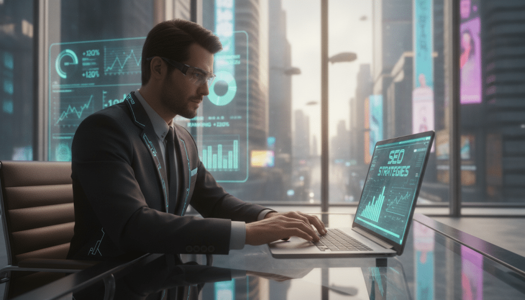 A professionally dressed business person, sitting at a sleek desk, reviewing a digital presentation on a laptop about SEO strategies. The foreground captures the individual’s focused expression, showcasing confidence and determination. In the middle ground, a modern office is visible, decorated with charts and graphs on the wall representing business growth and SEO metrics. The background has large windows allowing soft, natural light to fill the room, creating a bright and motivating atmosphere. The image should emphasize a sense of professionalism and success, conveying an inspiring mood appropriate for an SEO agency setting. Use a balanced composition with a slight depth of field to keep the focus on the individual and their work environment.