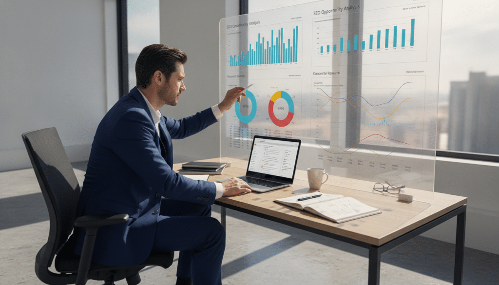 A sleek office environment showcasing a business professional analyzing data on a large digital screen, displaying graphs, charts, and timelines related to SEO opportunity analysis and competitor research. The foreground features a focused individual in smart business attire, closely examining the screen, with a thoughtful expression. In the middle, a stylish desk cluttered with SEO analytics tools, notebooks, and a laptop, emphasizing the analytical work. The background contains modern office decor with soft ambient lighting and large windows, letting natural sunlight pour in, creating a productive atmosphere. The scene is captured from a slightly elevated angle, giving depth to the workspace while maintaining a sharp focus on the subject and their activities, evoking a sense of determination and insight.