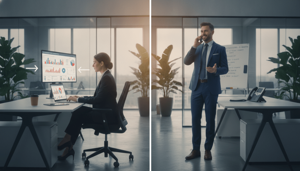 A split scene representing inbound and outbound lead generation strategies. In the foreground, a professional businesswoman in smart attire efficiently utilizes a laptop, analyzing incoming leads from a digital marketing dashboard filled with graphs and analytics, symbolizing inbound strategies through organic online interactions. In the middle ground, a well-dressed businessman is on the phone, engaging in conversation with potential clients, showcasing outbound lead generation through personal outreach. The background features modern office elements, like glass walls and plants, conveying a vibrant, collaborative atmosphere. Soft, natural lighting from large windows illuminates the scene, creating a professional yet welcoming mood, with a wide-angle perspective that encapsulates both strategies seamlessly.