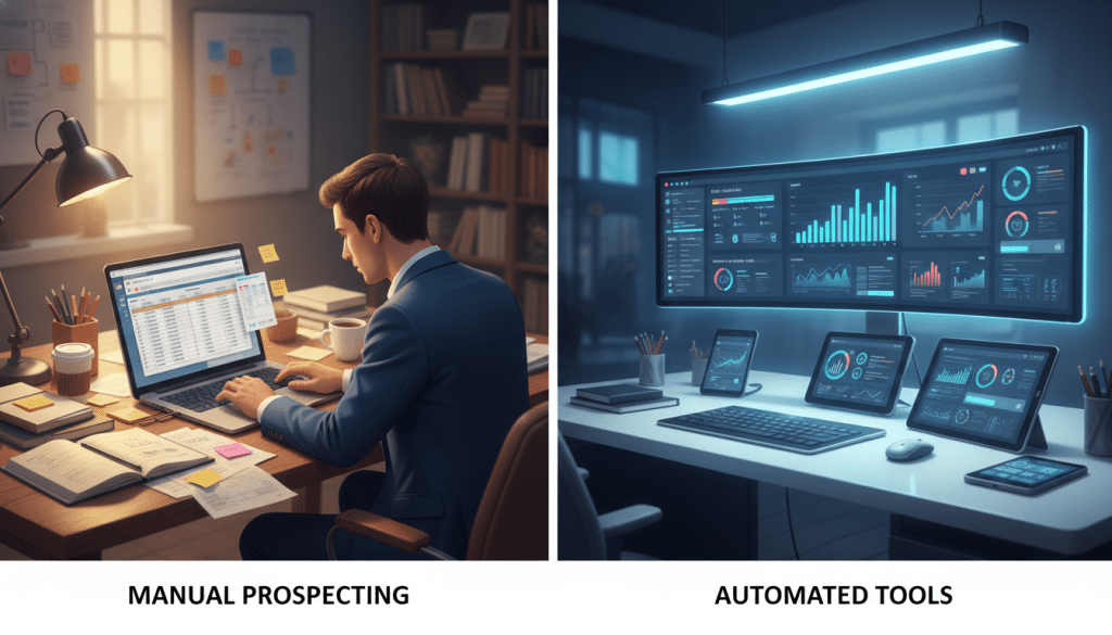 A split-screen digital illustration comparing manual SEO prospecting workflow and automated SEO prospecting tools. On the left, a focused individual in professional business attire is sitting at a desk cluttered with papers, notebooks, and a laptop showing analytics. The lighting is warm and inviting, emphasizing a traditional workspace atmosphere. On the right, a sleek, modern office with a large monitor displaying a colorful dashboard of automated SEO metrics and graph trends, surrounded by digital devices. Bright, cool lighting highlights the efficiency of automation. The background should have soft blurred elements representing a busy office environment. The overall mood conveys a contrast between the meticulousness of manual processes and the streamlined efficiency of automation.