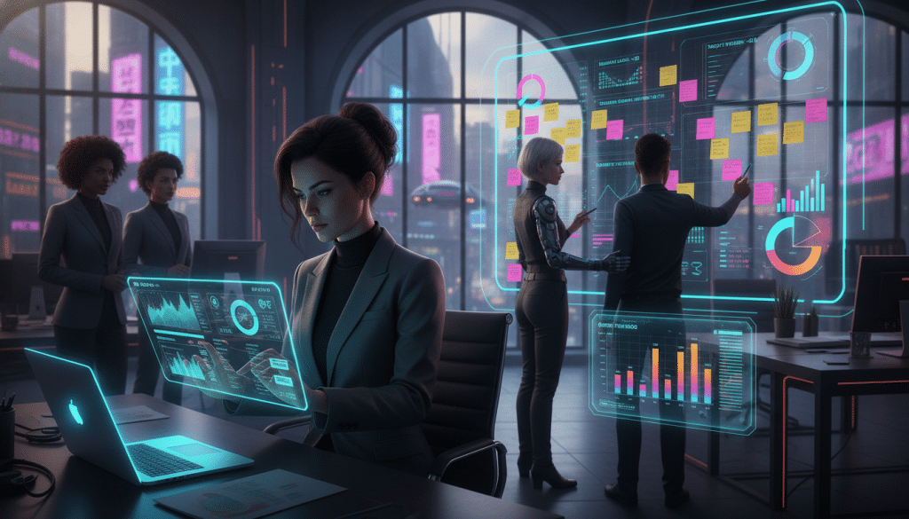 A stylish, modern office setting showcasing a diverse group of professionals analyzing data. In the foreground, a focused woman in smart business attire is reviewing a document with SEO metrics at her desk, sidelined by a laptop and digital analytics screen displaying graphs and charts. In the middle ground, two colleagues engaged in a discussion, pointing at a wall-mounted presentation board filled with colorful post-it notes and business insights. The background features large windows with soft, natural light filtering in, enhancing the productive atmosphere. The overall mood is collaborative and energetic, representing a team devoted to identifying qualified SEO prospects. The scene captures a blend of concentration and creativity in a professional environment.