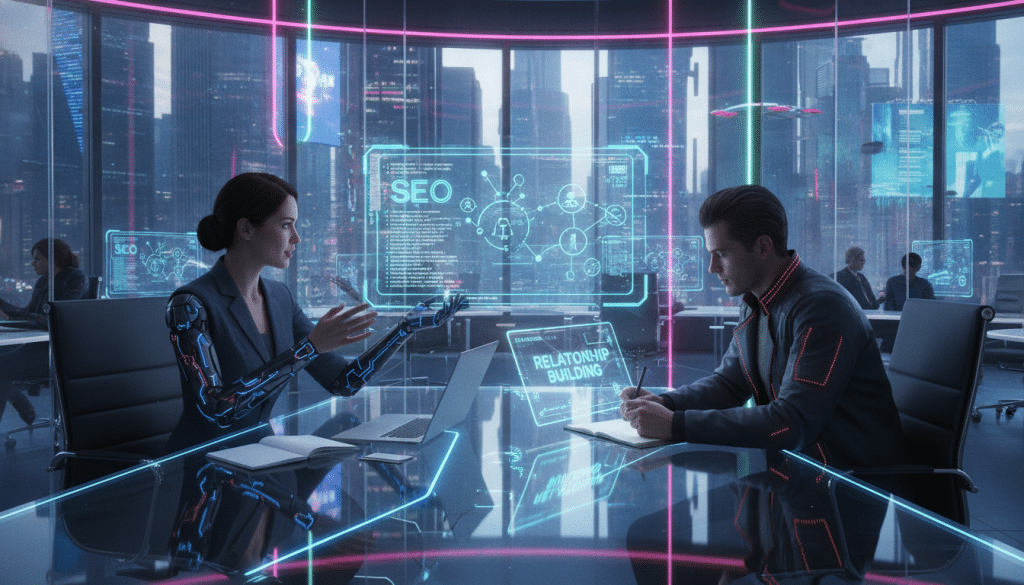 A vibrant and dynamic office environment showcasing two professional individuals engaged in a collaborative discussion about SEO strategies. In the foreground, a woman in modest business attire, actively gesturing while sitting at a modern conference table with a laptop and notepad. The middle ground features a man in smart casual clothing, leaning slightly forward, taking notes on a digital tablet, highlighting the importance of relationship building in business. The background reveals a bright, open office space with large windows, allowing natural sunlight to illuminate the scene, creating an inviting and productive atmosphere. The overall mood is focused, optimistic, and collaborative, emphasizing teamwork in client acquisition strategies.